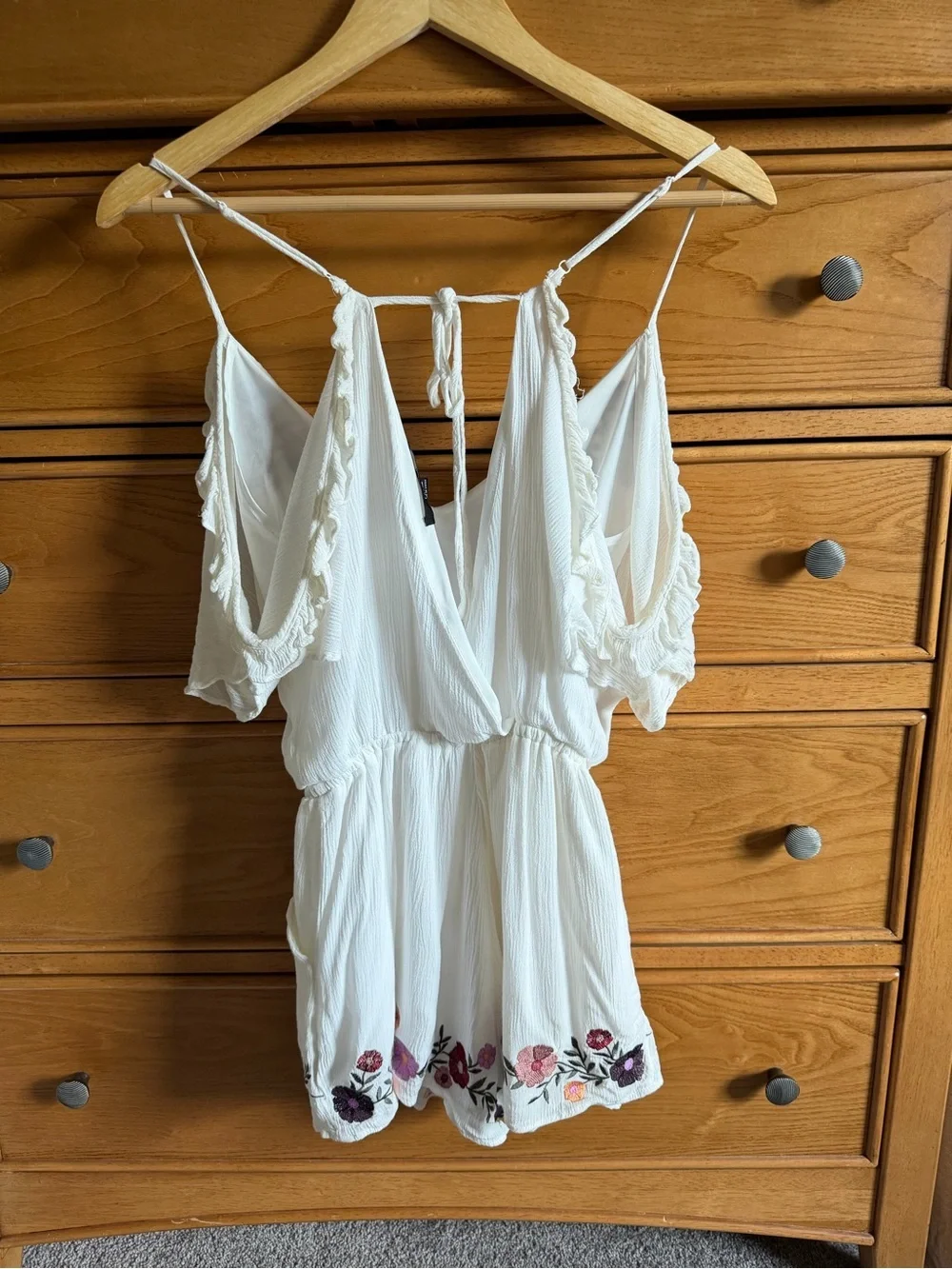 Floral Cream Ivory Open Shoulder Romper Womens Size Small Bohemian Festival